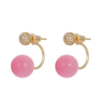 DAIIIBABYYY  -  Korean Sweet Pink Round Bead Earrings Set with Shiny Cubic Zirconia Stud Earrings for Women Elegant Fashion Jewelry Accessories
